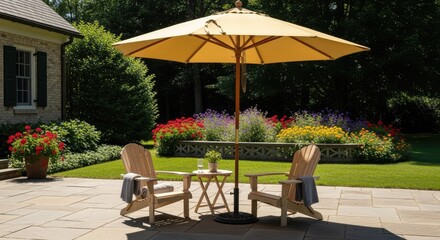 Obraz premium Outdoor Patio Seating Area with Umbrella and Flowers
