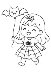 Coloring book of a girl in a spider dress holding a wand with a bat