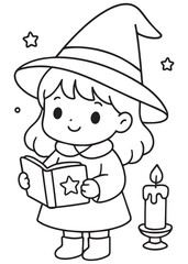 Coloring book of a little witch reading a magic book beside a candle