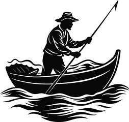 Silhouette of a fisherman casting a line from a small boat on the water