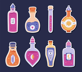 Lovely cartoon sticker set with different magic potion, elixir, poison, alchemy for planners, notebooks. Ready for print list of cute stickers of vials, vintage flasks, wizard jars for love, luck.