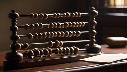 Vintage Wooden Abacus on a Desk with Soft Light and a Paper Document
