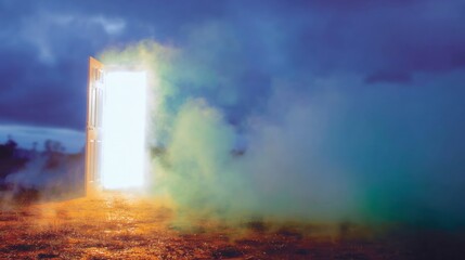 Obraz premium Mysterious glowing doorway reveals ethereal landscape during twilight
