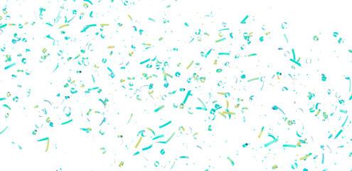 Teal and gold confetti falling on white background. Perfect for party invitations, banners, and celebrations.