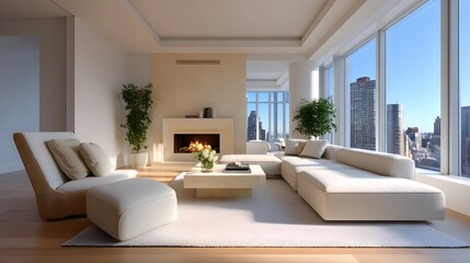 Fototapeta premium Elegant and contemporary living room with large offering stunning views of the city skyline and an inviting fireplace for a cozy and serene atmosphere.