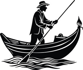 Silhouette of a fisherman in a small boat on the water