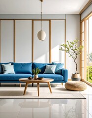 Modern, serene living room with a Japanese aesthetic