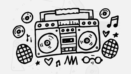 Illustration of a boombox with music notes hearts stars and disco balls in a doodle style black and white