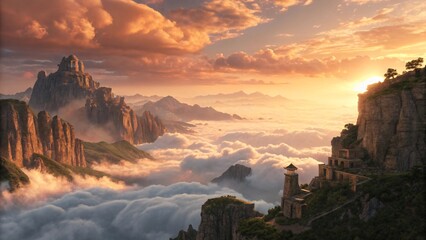 Majestic Sunset over Mountains and Cloudscape Epic Aerial View of Ancient Structures