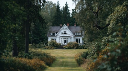 Striking White House in a Lush Fieldscape Vibrant Sunset, Ideal for Real Estate and TranquilityFocused Projects.