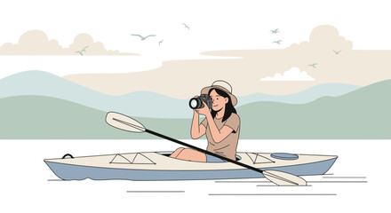 Woman Kayaking And Taking Pictures In Nature Using A Camera At Water