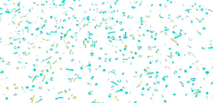 Festive confetti background with teal and yellow shapes. Perfect for party invitations, celebrations, and more.