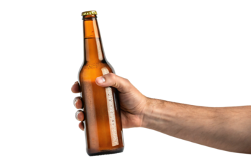 Hand holding brown glass beer bottle isolated on white background