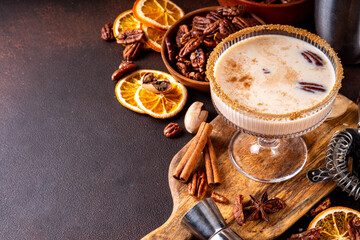 Pecan alcoholic cocktail, tasty autumn winter pecan pie martini, creamy alcohol drink, candied spiced old fashioned maple pecan cocktail with sweet liquor