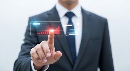 Businessman in a suit activating a futuristic digital interface with a glowing finger touchscreen technology innovation