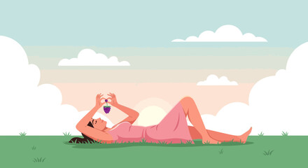 Woman Lying In Grass Holding Fruit Under Sunny Sky Minimalist Illustration