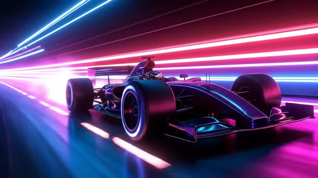 Formula One Race Car Speeding Through Neon Tunnel