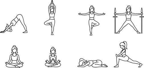 Collection of yoga poses isolated on a white background, demonstrating various asanas for physical and mental well-being