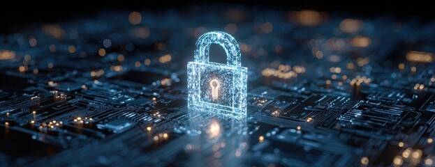 Cybersecurity concept with a glowing digital padlock over a circuit board representing data protection and network security.
