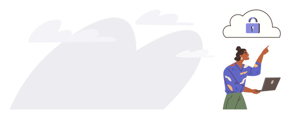 Woman holding laptop, pointing toward secured cloud with lock icon. Ideal for cybersecurity, data safety, cloud computing, online security, privacy, digital protection teamwork. Simple flat metaphor