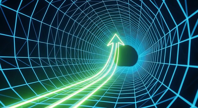 Futuristic digital tunnel with ascending green arrow symbolizing business growth and technology advancement