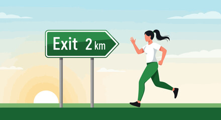 Woman Running Towards Direction Sign Indicating Exit Two Kilometers Away From Sunrise