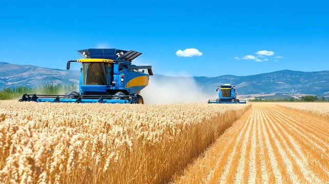 Harvesters cut oats in a golden field with combines roaring chaff flying dust clouds swirling and a silo gleaming in the distance captured in a gritty photo with grain dust