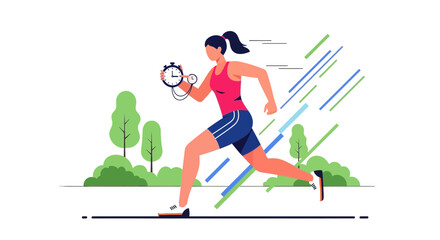 Woman Running with Stopwatch in Hand: Illustrative Concept of Health, Time, and Speed