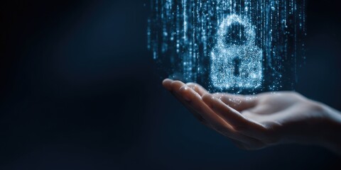 Hand holding a glowing digital padlock representing cybersecurity and data protection.