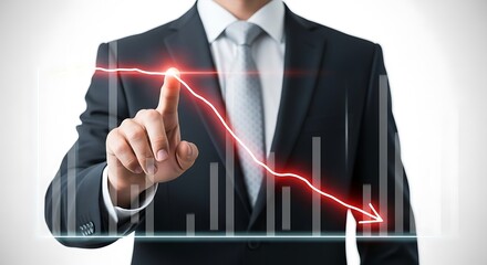 Businessman points to a downward trending stock market graph overlaid with digital data and a red decline line.