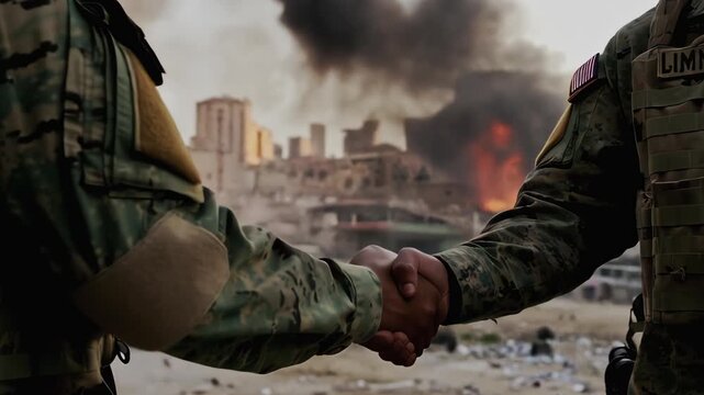 Two special forces men join hands in shake, fire and smoke in urban warzone after airstrike bombing or missile attacks, end of special war mission. American flag patch on uniform