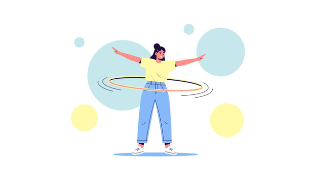 Woman playing with a hula hoop standing in front of circles creative vector design