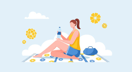 Woman Seated Outdoors Holding Water Bottle on a Sunny Day Preparing To Relax