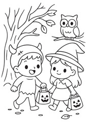 Coloring book of kids in Halloween costumes walking with candy bags.