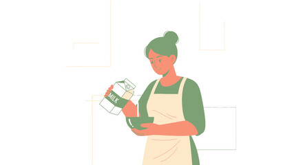 Woman Pours Milk Into A Bowl Preparing Food In Her Kitchen For A Healthy Diet