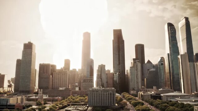 Massive glowing mushroom cloud from nuclear bomb dominates cityscape at dusk. Global conflict, nuclear winter, and irreversible devastation. Catastrophic destruction and end of major metropolitan area