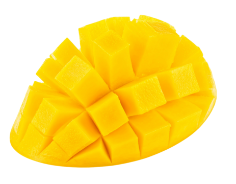 Cutted Mango Cube Explosion in Geometric Style, isolated PNG