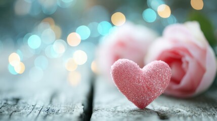 Fototapeta premium Colorful heart and roses on wooden table with blurred lights in background