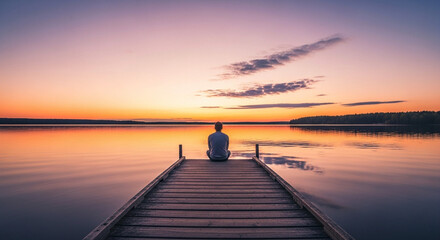 Fototapeta premium Photo of a lone figure sits on a wooden pier, gazing at a vibrant sunset over a calm lake