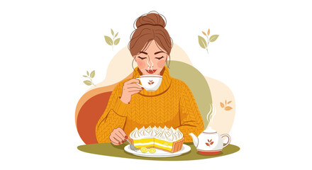 Woman Sipping Tea, Enjoying Lemon Pie During a Cozy Afternoon in Illustration