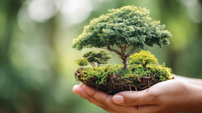 Vibrant Conservationist with MossCovered Miniature Tree, Embracing Green Living and Sustainable Lifestyle.