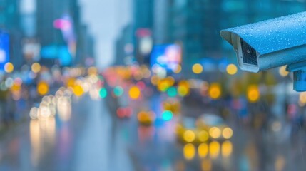 Fototapeta premium Surveillance camera monitors rainy city street filled with colorful lights