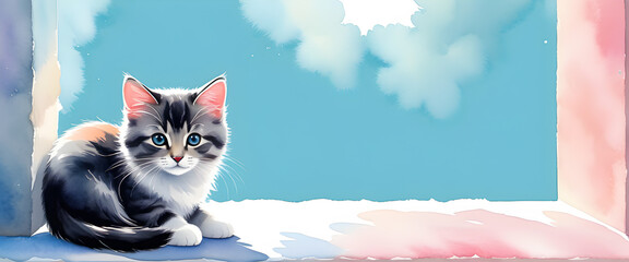 Watercolor kitten by the window. Cute red nosed baby cat illustration. Soft watercolor portrait of a blue eyed kitten. Adorable kitten alone on a pastel background.