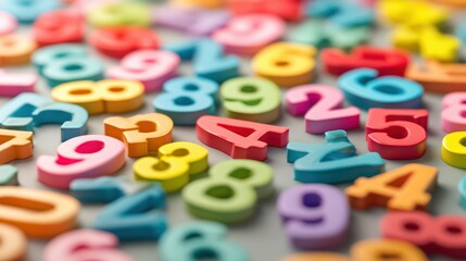 Naklejka premium Vibrant Pile of Wooden Numbers on Raw Background Perfect for Creative Projects, Branding and Graphic Design.