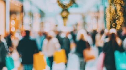 Fototapeta premium Holiday shopping crowd in a busy mall with colorful bags and decorations
