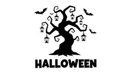Vector art of halloween spooky tree with lanterns and bats
