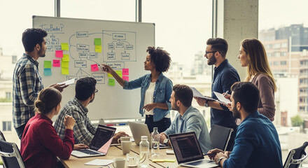 Photo of a diverse team of professionals collaborates around a table, discussing a project plan on a whiteboard with sticky notes