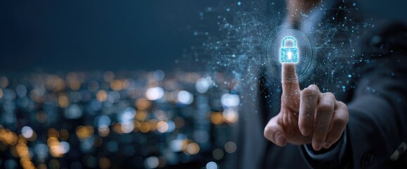 Digital security concept with a hand touching a glowing padlock icon against a blurred city background.