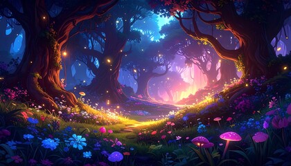 A vibrant, magical forest path lined with colorful flowers and glowing fungi, bathed in a mystical light.