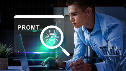 Young professional exploring artificial intelligence software while working in a modern office